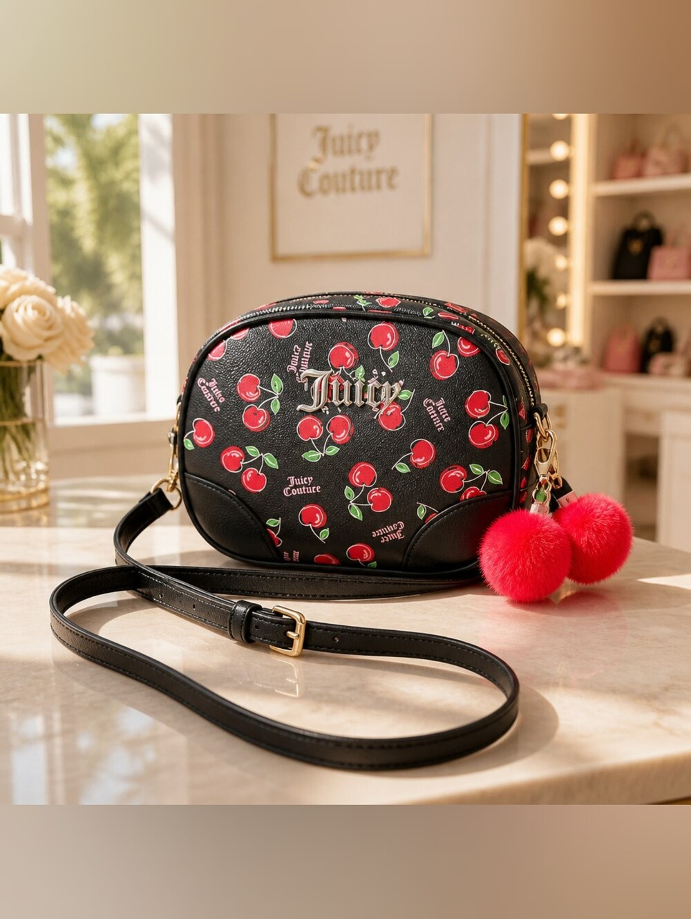 Juicy Couture Black Cherry Print Crossbody Bag with Cherry Pom-Pom Charm